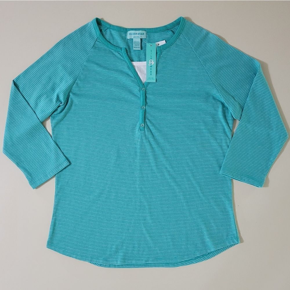 Silverwear New York Women's Teal Stripe Henley Style Pullover Top
